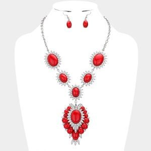 Natural Oval Stone Accented Link Necklace Earring Set